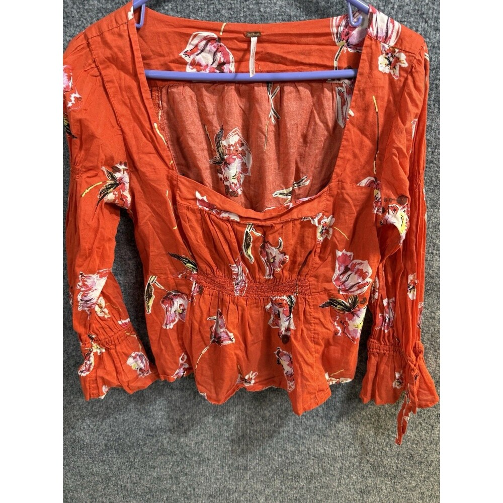 Free People Bell Sleeve Square Neck Blouse – Red Floral – Size S – Babydoll Boho